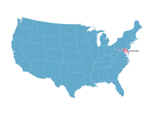 Mapa niebieski wektor Stanów Zjednoczonych ze wskazaniem Maryland — Wektor stockowy