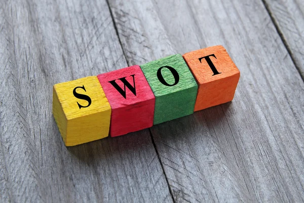 SWOT (análisis SWOT) texto sobre cubos de madera de colores — Foto de Stock