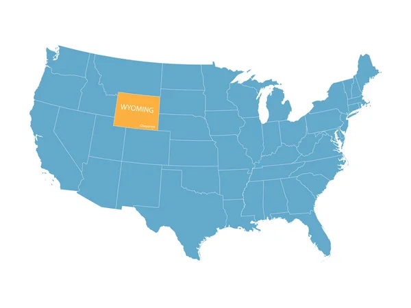 Modré vektorová mapa Spojených států s uvedením Wyoming — Stockový vektor