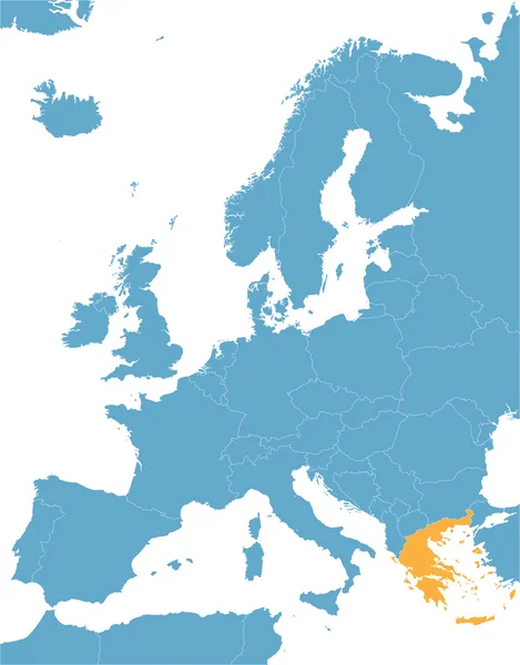 Mapa vectorial de Europa azul con indicación de Grecia — Vector de stock