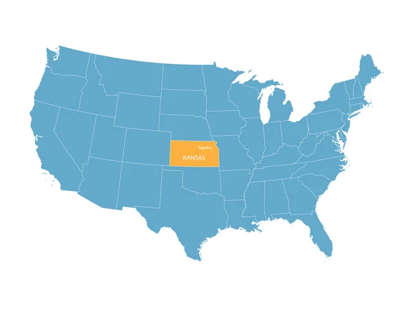 Mapa vectorial azul de Estados Unidos con indicación de Kansas — Vector de stock