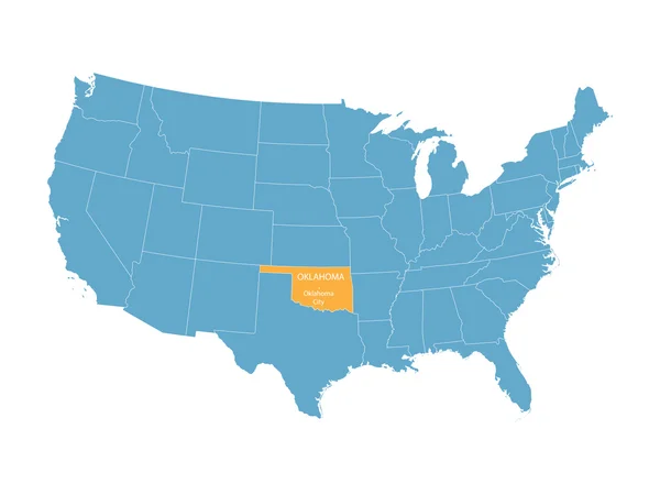 Mapa vectorial azul de Estados Unidos con indicación de Oklahoma — Vector de stock