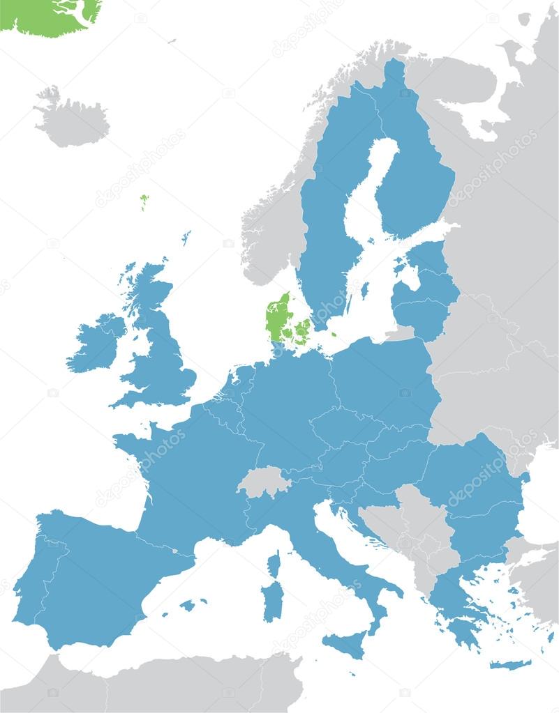 Europe and European Union map with indication of Denmark