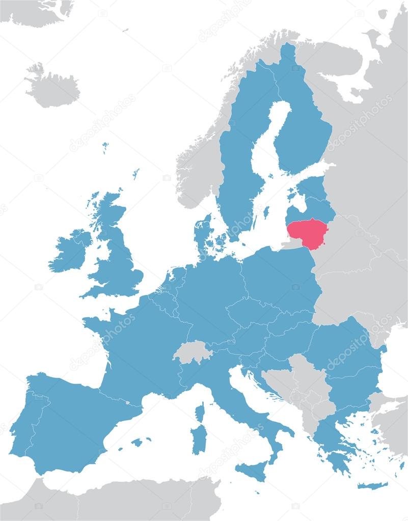Europe and European Union map with indication of Lithuania