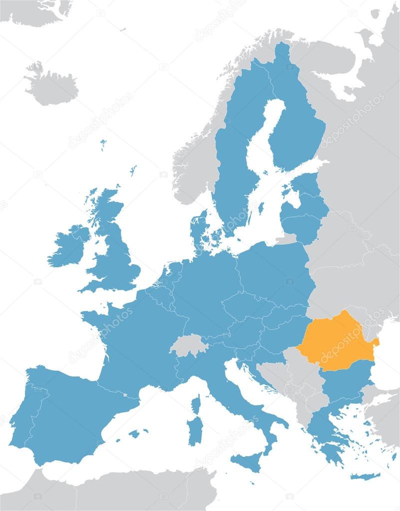 Europe and European Union map with indication of Romania