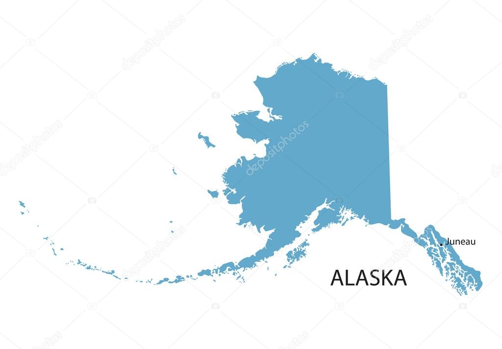 blue map of Alaska with indication of Juneau