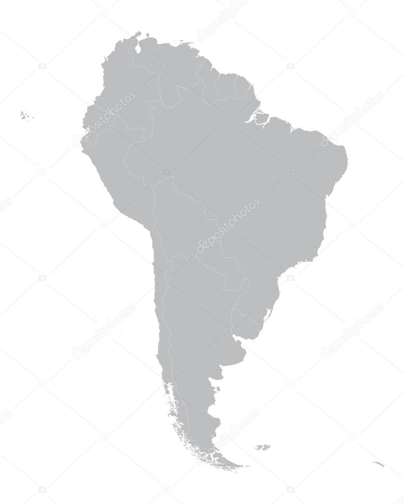 grey map of South America with countries borders