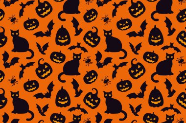 Jack o fener kabak, yarasalar, kediler ve örümcekler ile kusursuz Cadılar Bayramı deseni; sarma, tebrik kartları, dekorasyonlar ve dijital arkaplan - vektör illüstrasyon için mükemmel