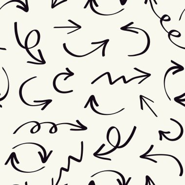 Siyah el çizimi oklarla kusursuz vektör deseni; arka plan, ambalaj kağıdı, kırtasiye, web tasarımı ve yaratıcı projeler için mükemmel.