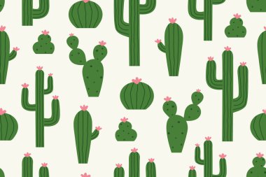 Çeşitli sulu bitkilerle kusursuz kaktüs deseni; minimal biçim illüstrasyonunda şirin botanik arka plan