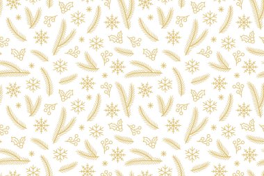 Altın Noel, Yeni Yıl Arifesi, köknar ağacı, kar taneleri ve kutsal böğürtlen dallarıyla kusursuz desen; ambalaj, tekstil, duvar kağıdı, tebrik kartı illüstrasyonu-