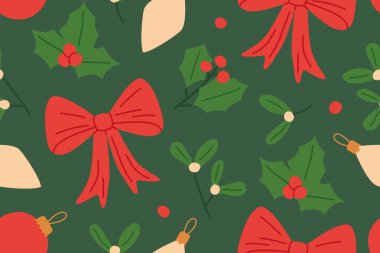 Kırmızı fiyonklu, mücevherli, kutsal ve ökseotu resimli kusursuz bir Noel deseni.