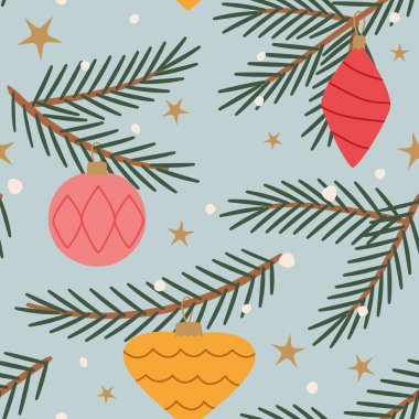 seamless winter, christmas pattern with green fir twigs; baubles, snow and stars; great for wrapping paper, greeting cards, gift tags, wallpaper and textiles- vector illustration