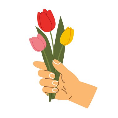 Bahar, tazelik ve zarafetin sembolü olarak bir buket lale ile el - vektör çizimi