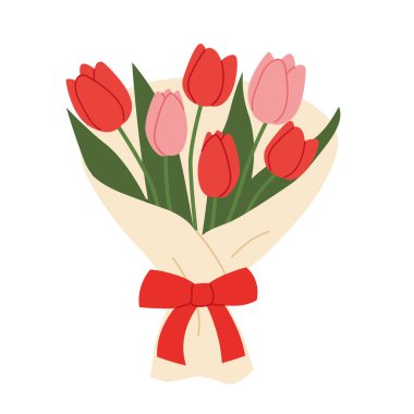 Dekoratif ambalaj kağıdına sarılı renkli bahar laleleri demeti - vektör illüstrasyonu