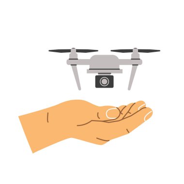 Modern teknolojinin, hava fotoğrafçılığının ve yeniliğin sembolü olarak drone ile el, uzaktan kumanda cihazı konsepti, teknoloji, medya ve gelecek temalar - vektör illüstrasyonu