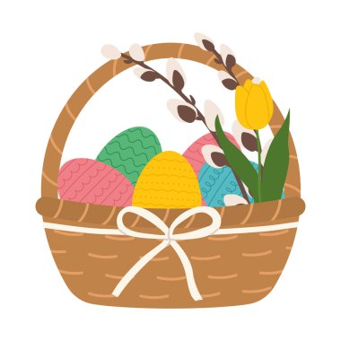 basket full with colorful easter eggs decorated with pussy willow twigs, tulip and ribbon -vector illustration