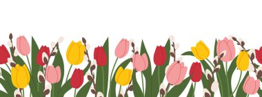 seamless banner with tulip flowers and pussy willow twigs; ideal for easter, women's day, springtime greetings- vector illustration