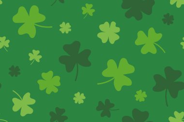 Aziz Patrick Günü düz desenli yeşil yonca yaprakları, şenlikli İrlanda arkaplanı, tekrarlanan botanik tasarım illüstrasyonu-