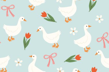 Kaz, kurdele, lale ve papatya desenli şirin desenler çocuklar için mükemmel, bebek eşyaları, kırtasiye malzemeleri, paskalya arkaplanı çizimleri...