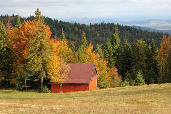 Gorce hory, Nowy Targ, Polsko, 21 října 2015: krásné podzimní krajina s staré tradiční dřevěný dům v horách Gorce. — Stock fotografie