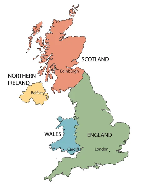 Colorful map of countries of United Kingdom with indication of capital cities — Stock Vector