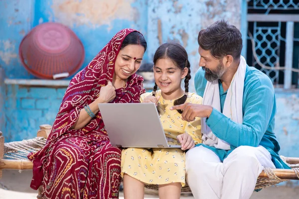 Happy Rural Indian Family Use Laptop Sit Village House Little Stock Photo