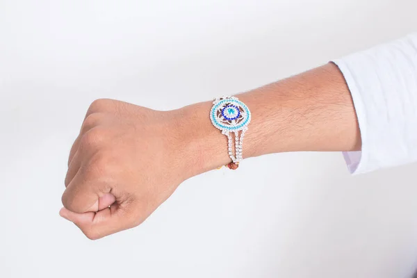 Hand Wearing Beautiful Blue Diamond Design Rakhi Occasion Raksha Bandhan Royalty Free Stock Photos