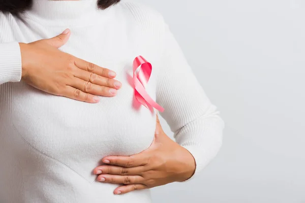 Consciência Câncer Mama Conceito Saúde Medicina Fechar Asiático Mulher Desgaste — Fotografia de Stock