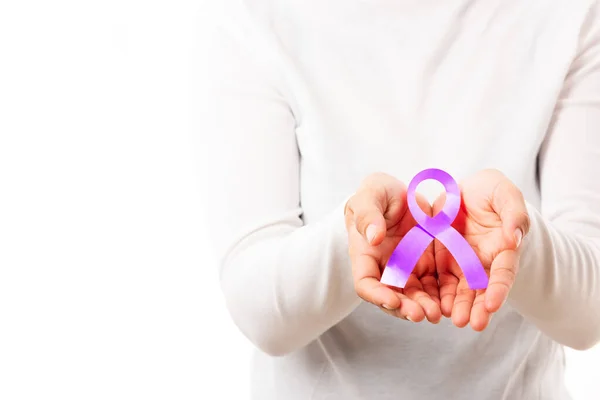 Día Nacional Epilepsia Enfermedad Alzheimer Mujer Joven Sosteniendo Cinta Púrpura — Foto de Stock