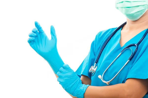 Female Nurse Standing Stethoscope Puts Rubber Gloves Wearing Medical Face — Stock Photo, Image