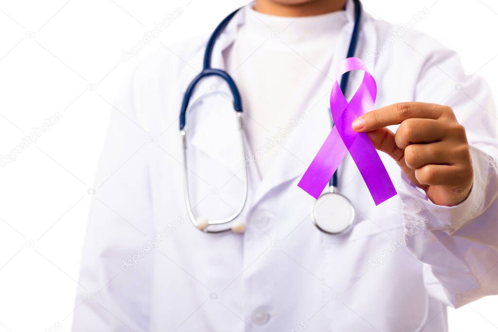 National Epilepsy or Alzheimer disease Day. woman doctor white uniform hold purple ribbon on hand symbol of Pancreatic cancer awareness, world Lupus Day and world cancer isolated white background