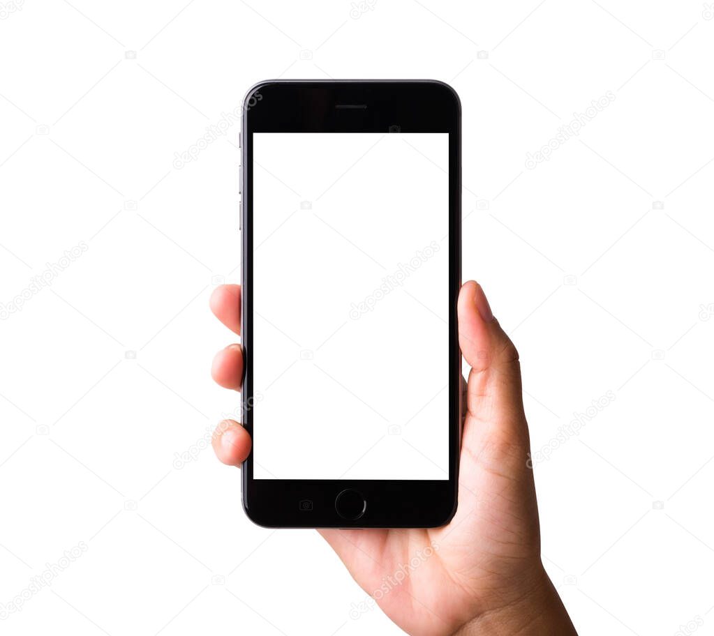 Woman hand holding a smartphone blank white screen. Female holds the modern mobile phone on hands studio shot isolated on over white background with clipping mask path on the phone and screen