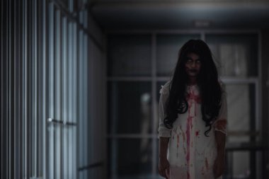 Evdeki karanlık bir odada korkunç kötü kadın hayaleti. Dişi şeytan korkutucudur. Terk edilmiş binaya dadanmıştır. Mutlu Cadılar Bayramı kutlaması.