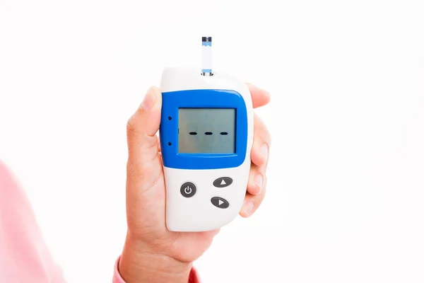 Hände Großaufnahme Frau Misst Den Glukosetest Und Überprüft Glukometer Den — Stockfoto