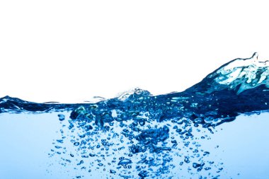 Sıvı üzerinde soyut temiz akış dalgalanma yüzeyi. Hava kabarcıklı açık mavi su dalgası ve biraz da su altı, beyaz arka planda izole edilmiş stüdyo çekimi.