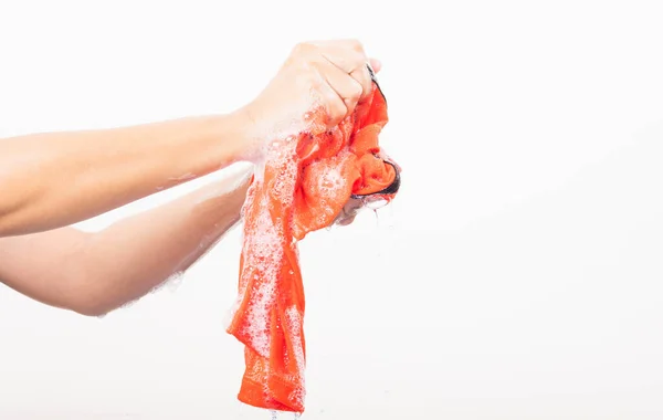 Closeup Mladá Asijská Žena Použít Ruce Mytí Barevné Oblečení Detergentem — Stock fotografie