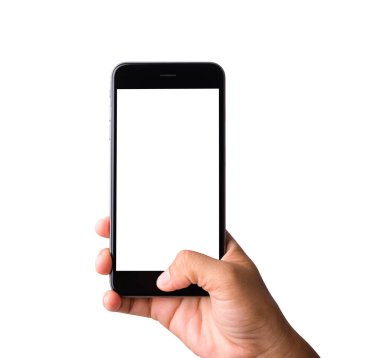 Akıllı telefonu beyaz ekranda tutan bir kadın. Kadın, modern cep telefonunu elinde tutuyor. Stüdyo çekimleri beyaz arka planda izole edilmiş, telefon ve ekranda kırpma maskesi izi var.