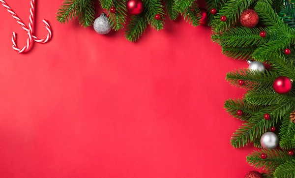 Weihnachten Urlaub Hintergrund Mit Geschenkbox Dekorationen Zusammensetzung Draufsicht Tanne Grün — Stockfoto
