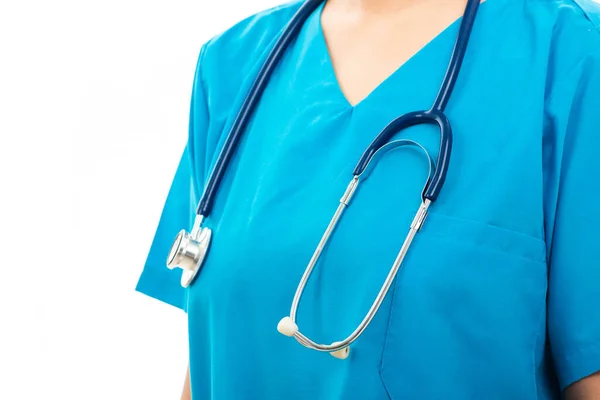 Eine Selbstbewusste Krankenschwester Mit Stethoskop Ärztin Blauer Uniform Studioaufnahme Isoliert — Stockfoto