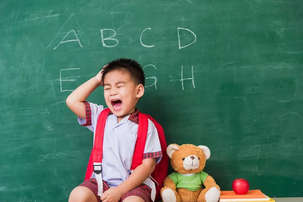 Back to School. Happy Asian funny cute little child boy kindergarten preschool in student uniform with school bag, book sit with teddy bear on green school blackboard, First time to school education