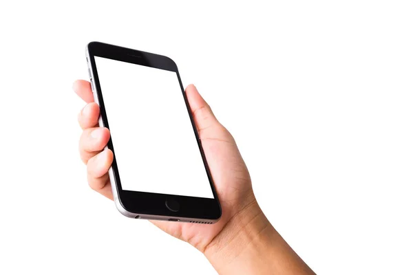 Kobieta Ręka Trzyma Smartfona Pusty Biały Ekran Kobieta Posiada Nowoczesny — Zdjęcie stockowe