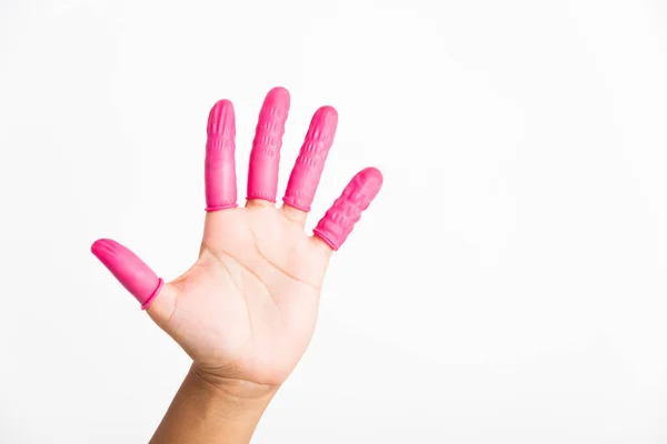 Kéz Visel Rózsaszín Ujj Kiságy Gumi Védelem Segít Megelőzni Ujjlenyomatok — Stock Fotó