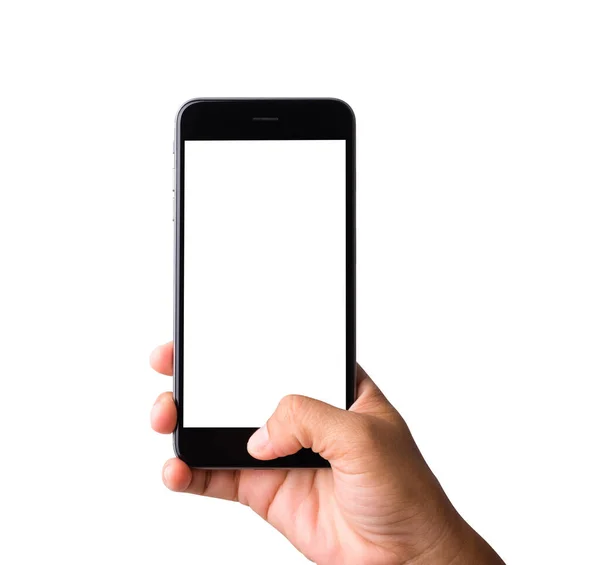 Женщина Держит Смартфон Пустым Белым Экраном Женщина Держит Современный Мобильный — стоковое фото