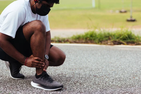 Close Asian Young Sport Runner Black Man Wear Watch Hands — Stock Photo, Image