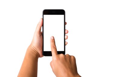 Kadın el ele tutuşuyor, akıllı telefon boş beyaz ekran. Modern cep telefonu stüdyosundaki kadın dokunuşu beyaz arka planda izole edilmiş telefon ve ekranda kırpma maskesi yolu ile görüntülendi