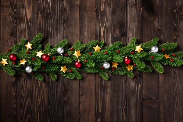 Kerst Vakantie Slinger Grens Bovenaanzicht Van Boom Sparren Takken Kerststerren — Stockfoto