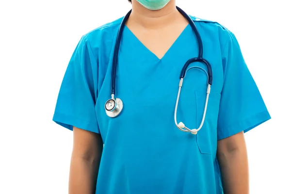 Una Enfermera Confiada Pie Con Estetoscopio Doctora Uniforme Azul Estudio —  Fotos de Stock