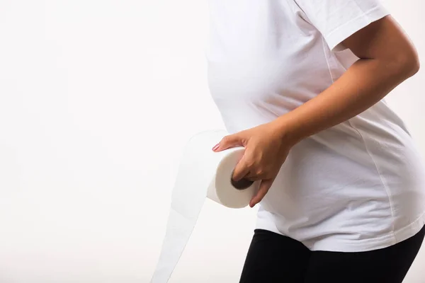 Closeup Asiático Jovem Mulher Diarréia Constipação Segurando Dor Estômago Papel — Fotografia de Stock