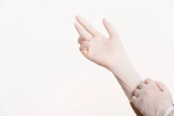 Жінка Носить Кладе Руку Білий Гумовий Латекс Хірургічна Медична Рукавичка — стокове фото
